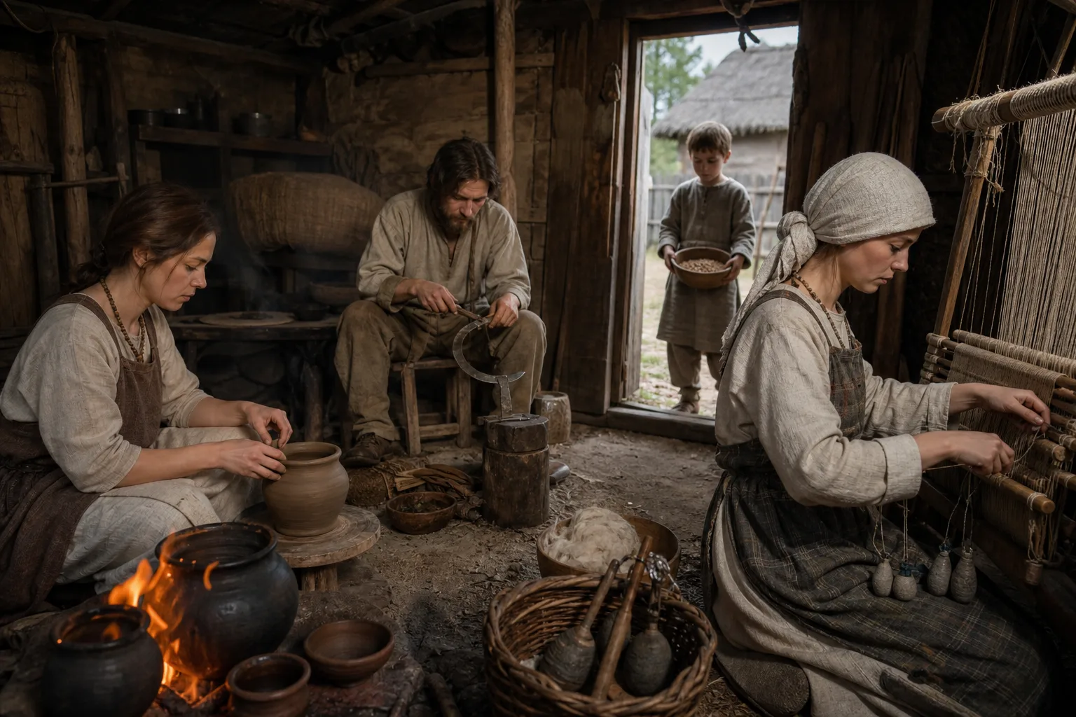 Realistic reconstruction of an Early Medieval family beside a sunken house with pottery, loom weights and iron tools