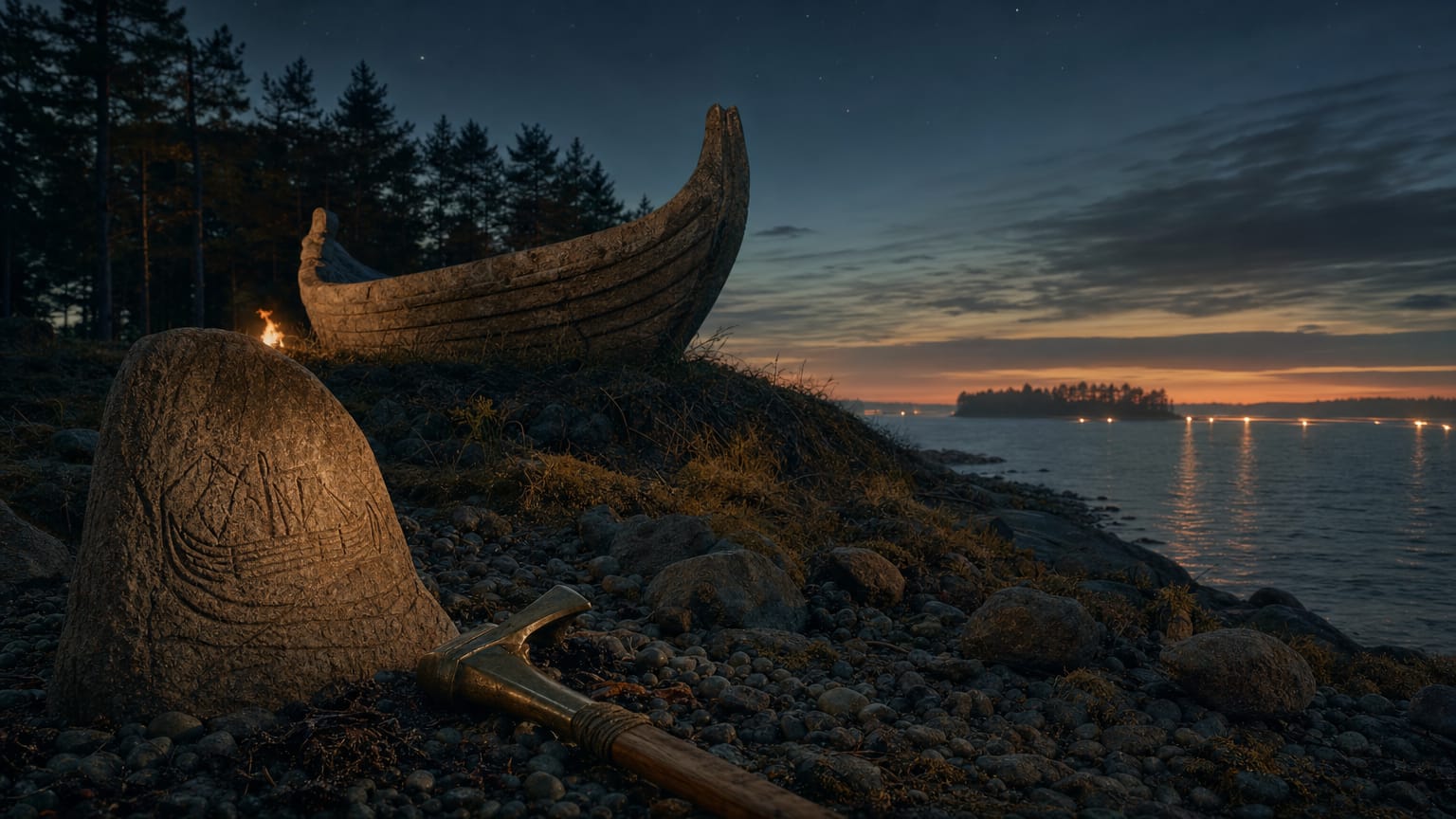 A dark Baltic shore at dusk with a boat-shaped stone ship setting on the headland, a picture stone and a boat-axe in the foreground, and pine forest fading north under the first stars.