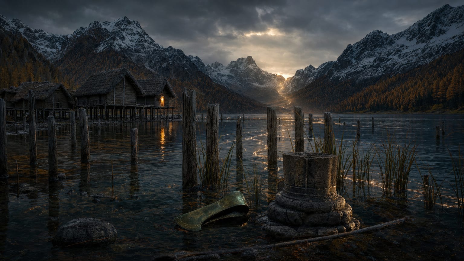 A dark Alpine lake at dusk with the reconstructed piles of a Neolithic lake village at the shore, a Roman column stump among reeds, and threads of light descending a mountain pass.