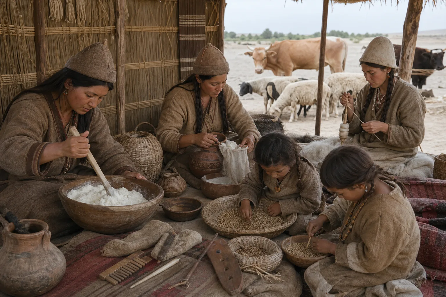 Realistic Xiaohe community processing milk beside cattle, sheep, woven baskets, pottery, wooden posts and a boat-shaped coffin