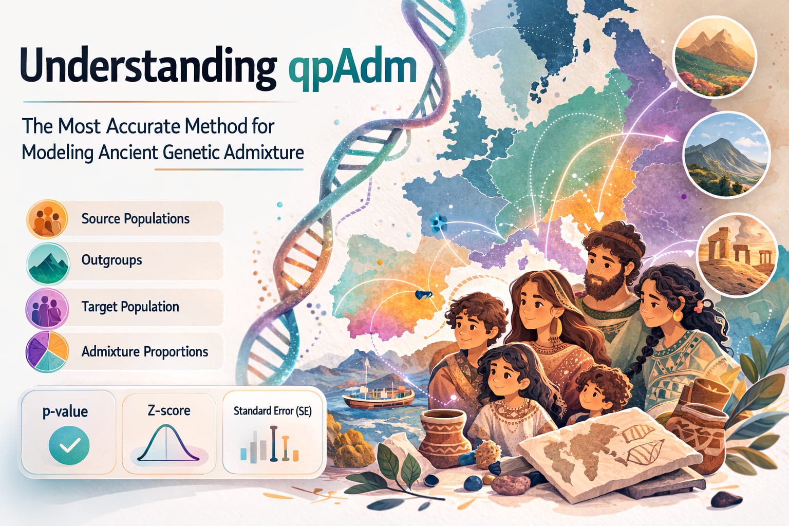 Illustrated cover for Understanding qpAdm: a map of Europe with migration arrows, a DNA helix, and panels for sources, outgroups, target, p-value, Z-score and standard error.