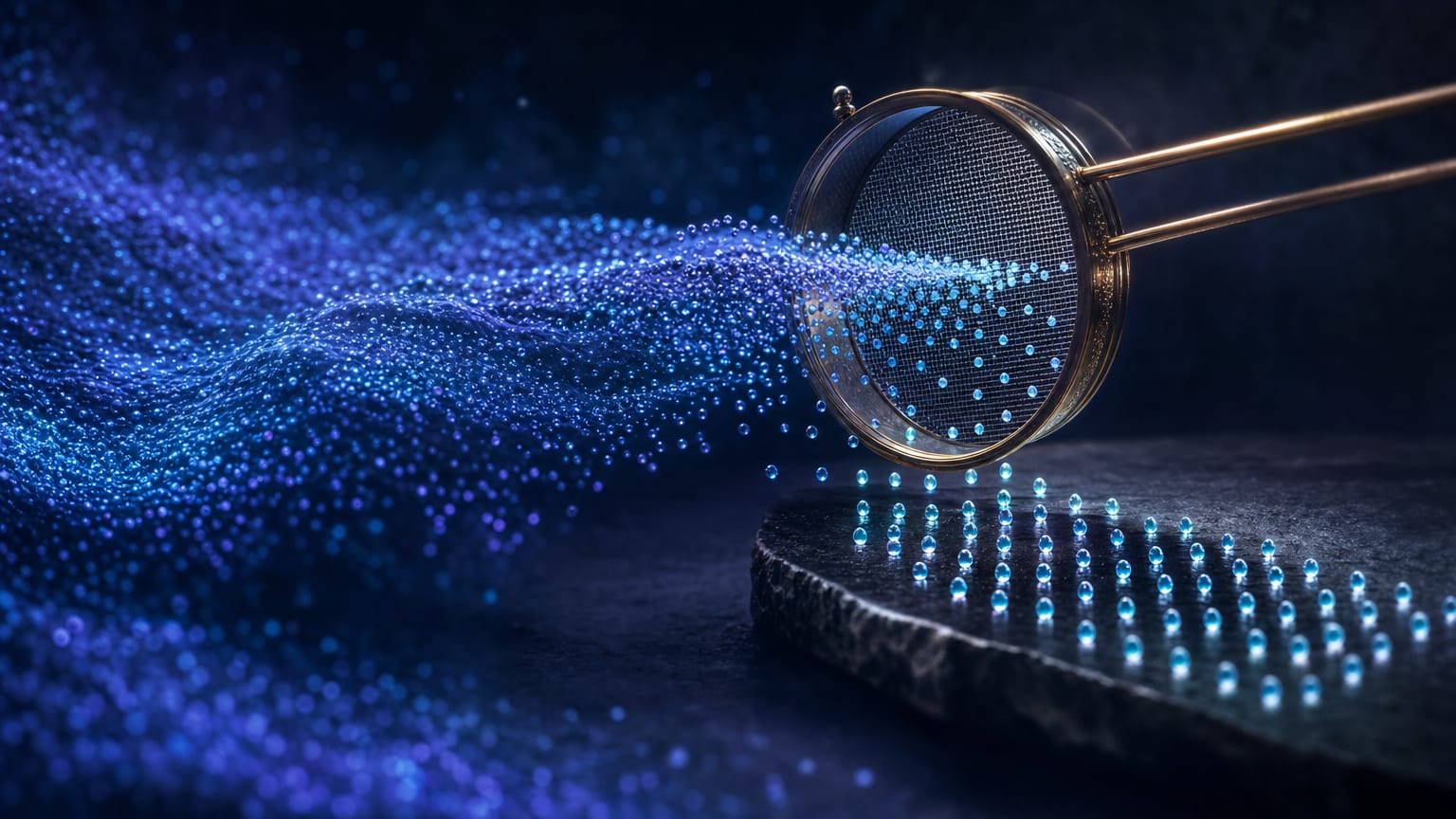 A vast river of luminous droplets passing through a brass sieve into a sparse orderly stream of beads