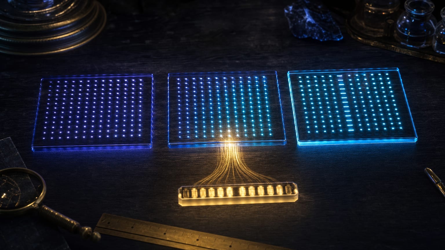 Three glass plates of glowing coordinate grids on a dark workbench, one flowing into a bar of segments