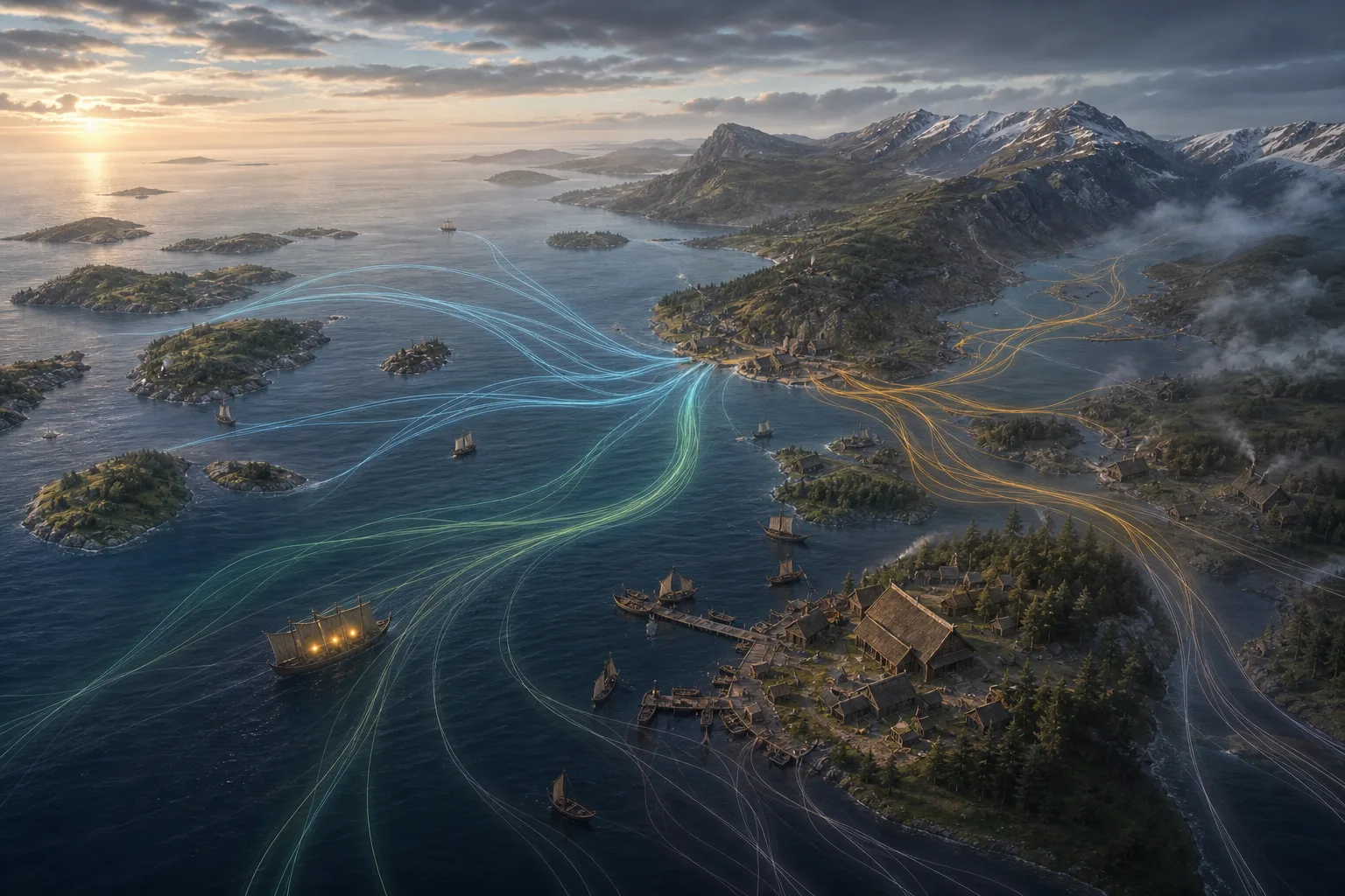 Conceptual northern seascape with several regional Viking Age networks connecting harbors and islands