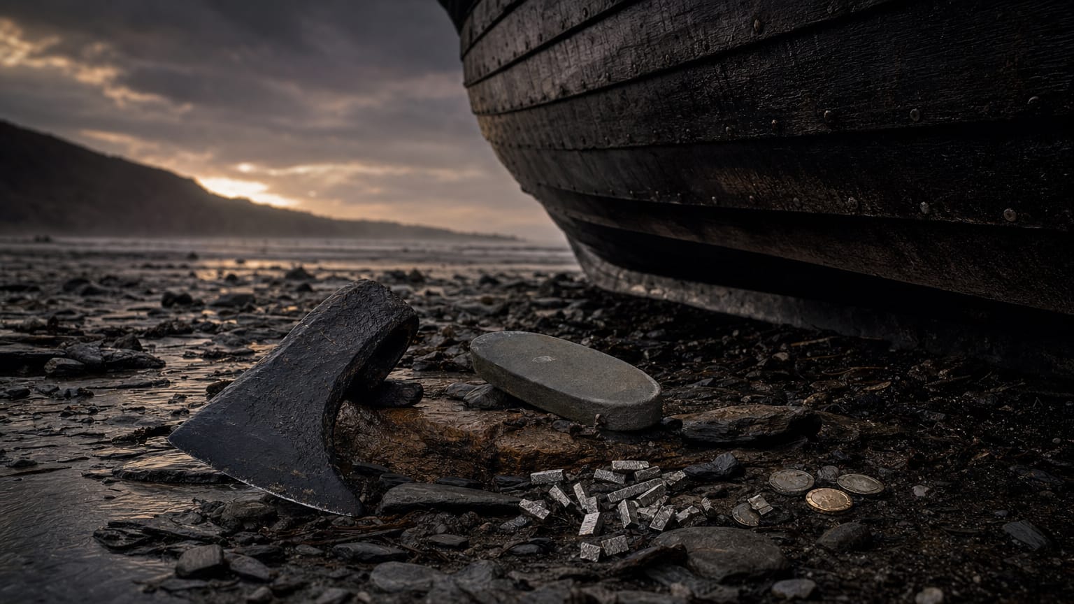 A dark northern shoreline at dusk with a beached clinker-built hull, an iron axe head, a whetstone and a scatter of silver hack-metal on wet shingle