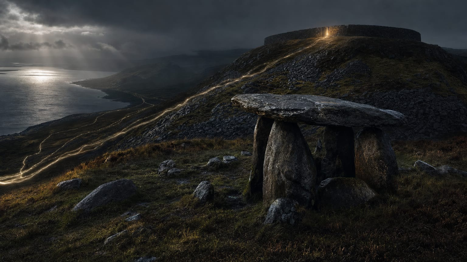 A dark Welsh mountain valley with a stone hillfort rampart on the ridge, a capstoned cromlech in the foreground, and threads of light crossing the Irish Sea beyond.