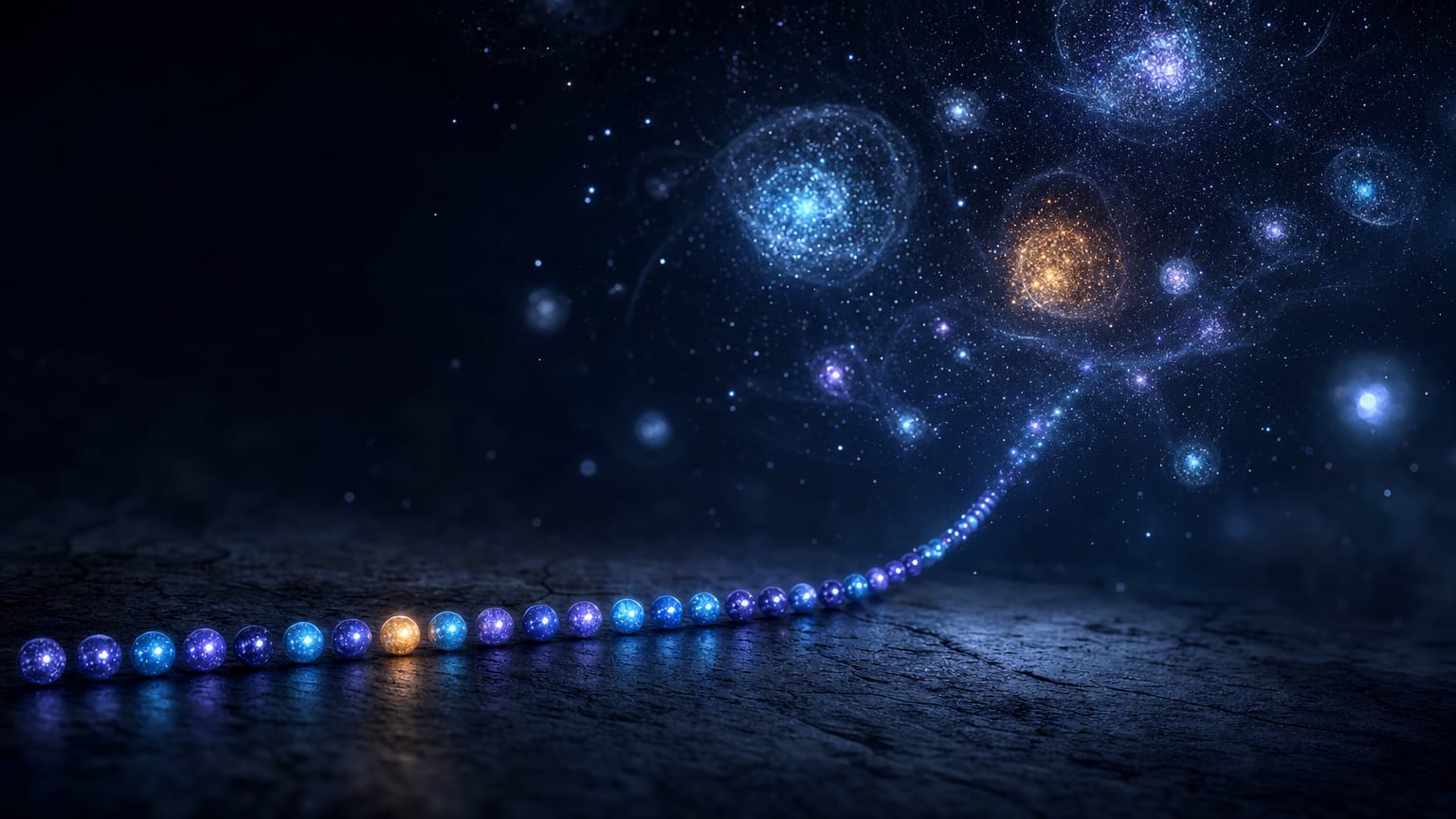 A row of twenty-five glowing beads lifting into a constellation of population clusters