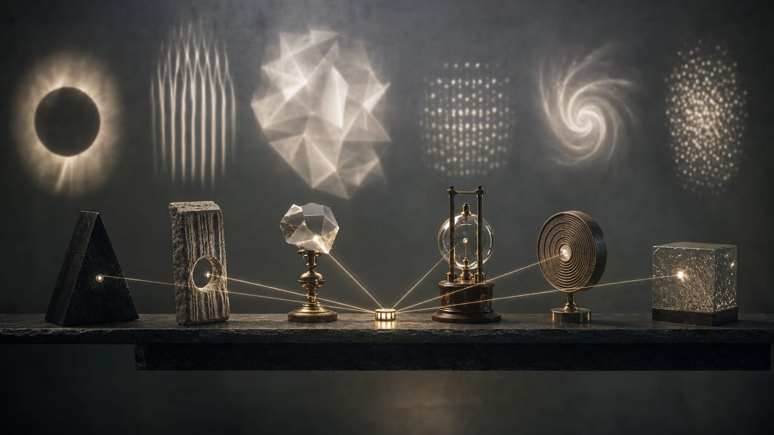 Several instruments on a dark shelf, each tied by a thread of light to one numbered strip and casting a different pattern on the wall.