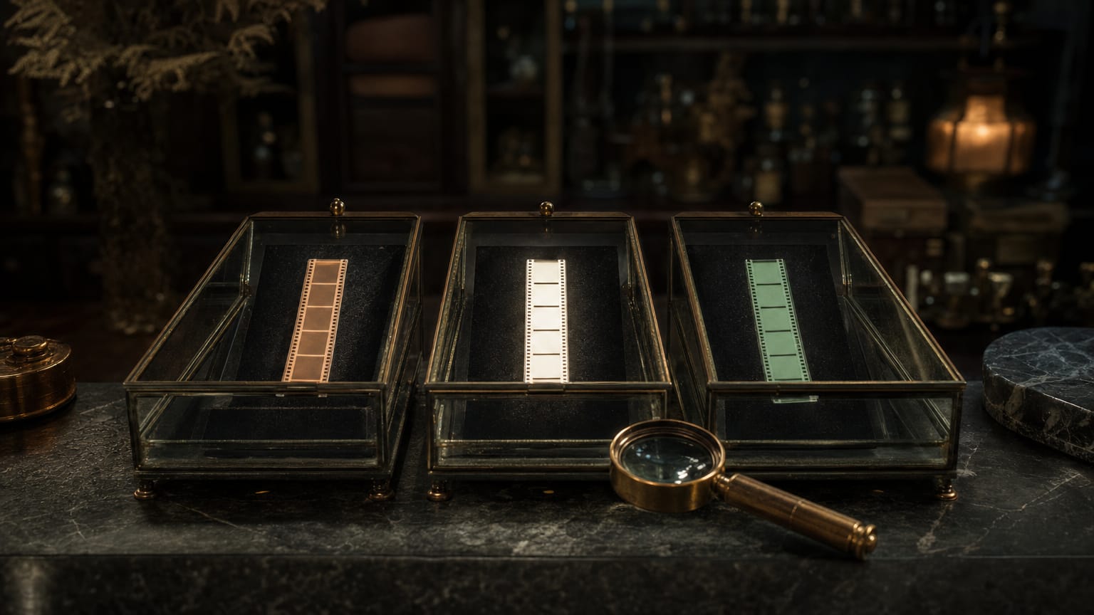 Three glass cases on a dark counter each holding a numbered strip of film, only one lit clean and white, a brass loupe beside it.