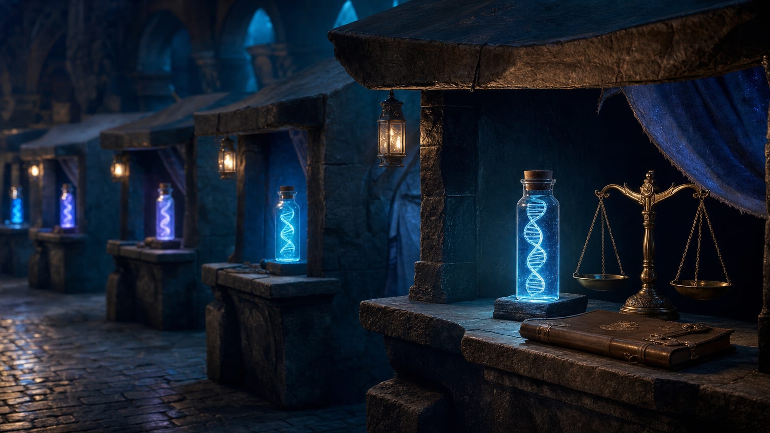 A dark editorial scene of seven unlit doorways along a stone corridor, one of them glowing from inside.