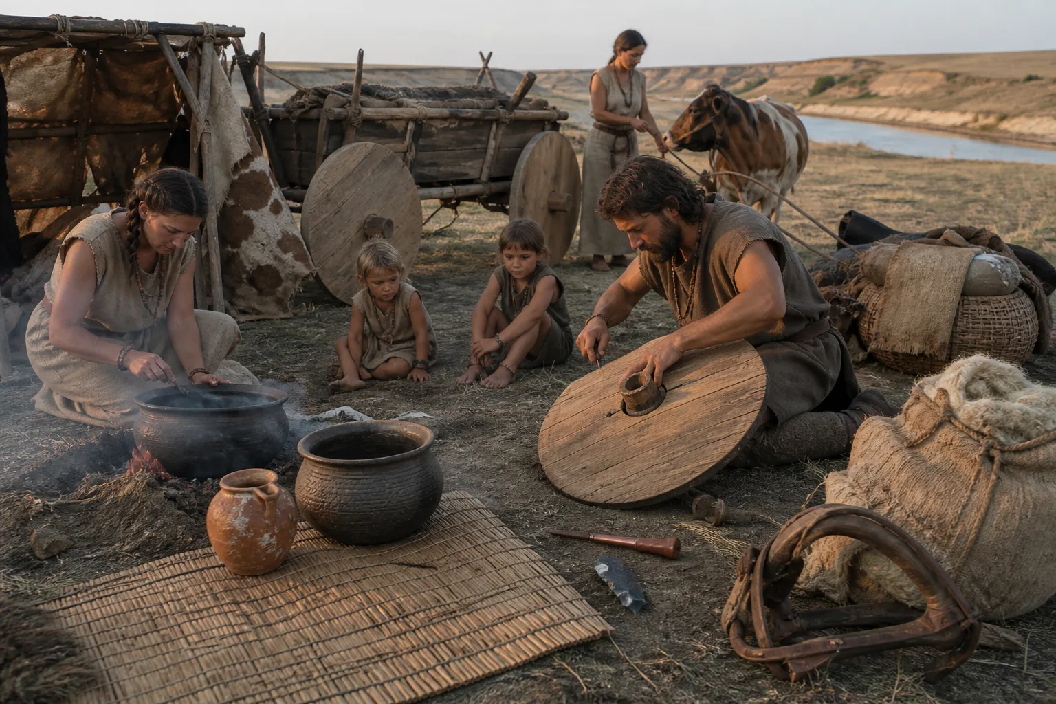 Realistic reconstruction of a Yamnaya-era household beside an ox-drawn wagon, pottery, livestock and a distant kurgan