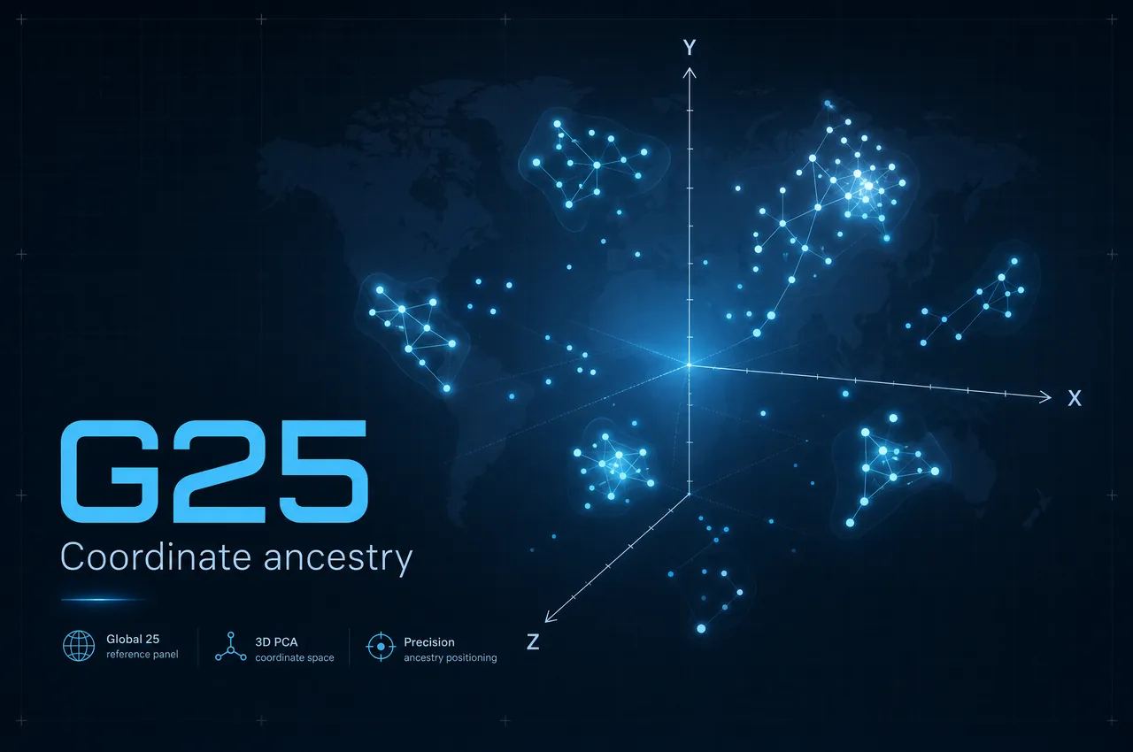 G25 analysis — a Global 25 principal-component coordinate scatter of world ancestry clusters