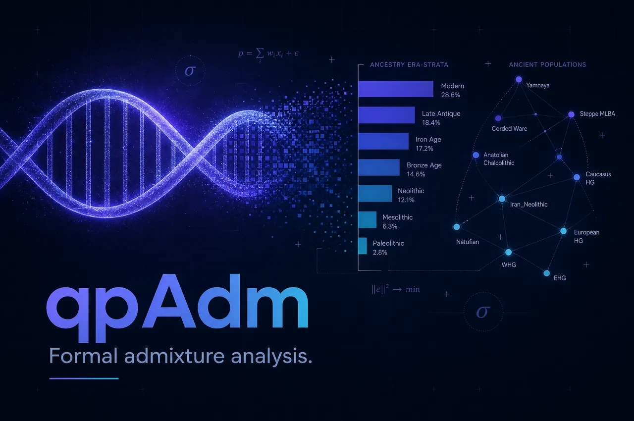 qpAdm analysis — a glowing DNA double helix resolving into ancestry era-strata and an ancient-population network